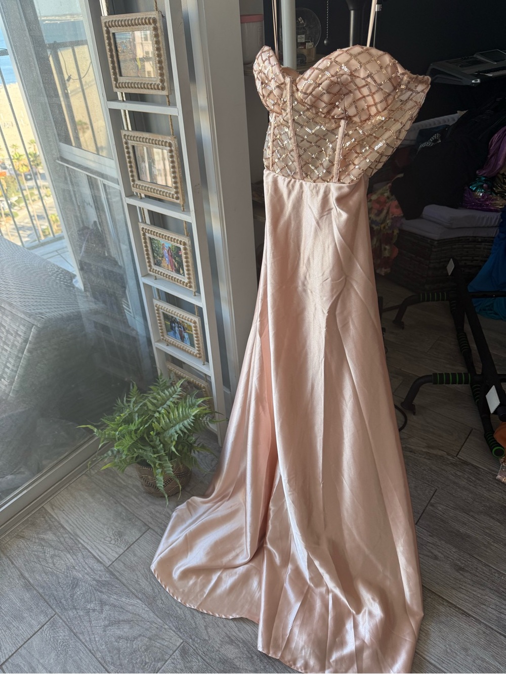 Fashion Nova Blush Pink Strapless Sequin Bodice Satin Gown NWT!